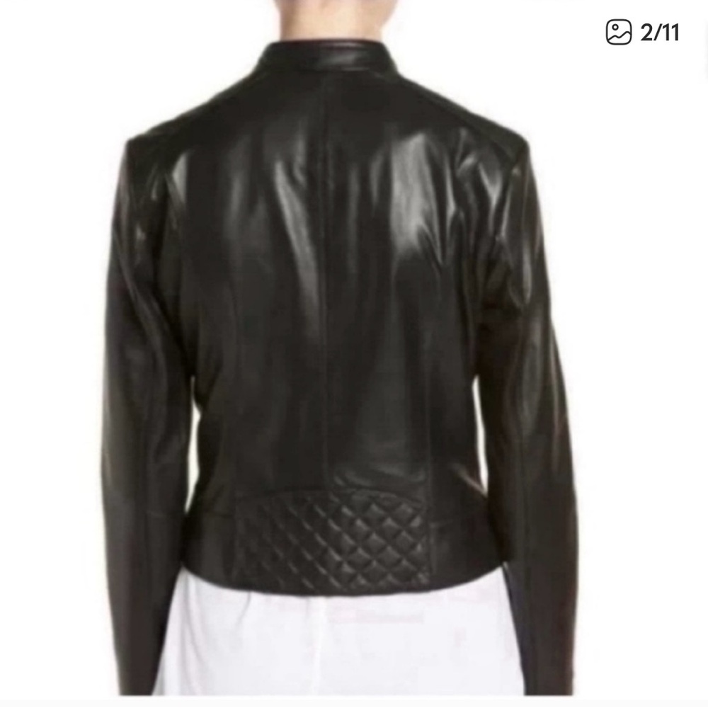 Cole Haan Black Quilted Leather Moto Jacket. Size large. - Picture 2 of 14